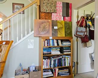 $30 Oak bookcase, $15 ea(all 4 $40) Textured Leaf art, BOOKS galore at this house