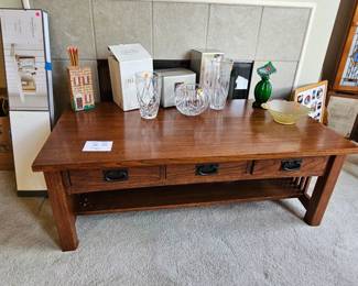  $15-$20 Block & Gorham Crystal.  $90   Rare Fenton Ivy Green Jack In The Pulpit Vase.  SOLD- Mission Coffee table,