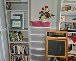 $25 Painted Oak Bookshelf.  $15 ea sterilite 3 drawer cupboards