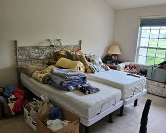 $80 King size Adjustable Platform bed frame & Headboard.  $30 Ea (2) Twin mattresses, both different brands.  