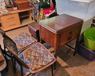  $50 Kenmore Sewing maching & Cabinet, $50 Awesome antique drop side Humidor(behind Sewing machine.  SOLD MCM Chairs,