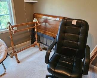  $10 twin frame(headboard & footboard do not match. SOLD Black office chair, SOLD blanket rack,