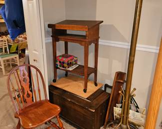 $20 Antique wooden ,  $70 Great Wooden chest w/top compartment, $25 Brass coatrack