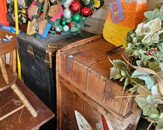$ Black Antique Steamer trunk, $.   Primitive Wooden trunk