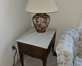 $15 Side table with marble top, $20 Floral Lamp