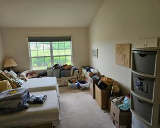 TONS of womens clothes, 1x-3x  all pictures of boxes in Master are clothing.  (4 ea) $15 3 drawer Rubbermaid storage