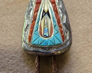 Zuni Bolo by Valentino or Matilda Bantech inlayed with Turquoise, Coral, Mother of Pearl and Opal
