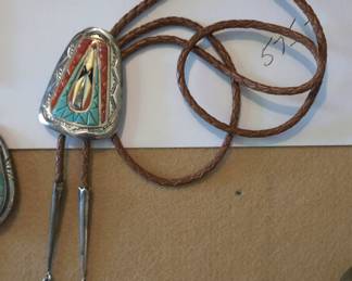 Zuni Bolo by Valentino or Matilda Bantech inlayed with Turquoise, Coral, Mother of Pearl and Opal
