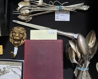 Sterling Spoons, Brass Lion Head Hook, Sterling Letter Opener