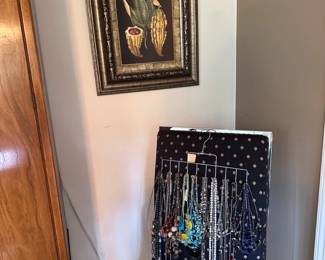 Costume Jewelry, 1970's Milo Baughman Dining Chairs set of 8, Framed Art