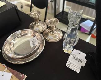 Baccarat Panther Crystal Figure, Sterling Weighted Candle Holders, Sterling Bowl