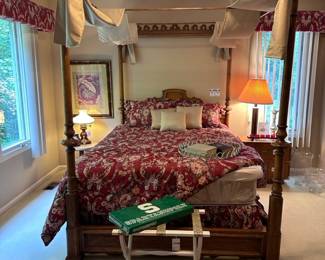 Looped Round Mirrored Tray, Queen Canopy Bed and Mattress Set, Decorative Throw Pillows, Scheibe Luggage Rack, Toyo by Raymond Waites Lidded Jar, Milk Glass Shade Wood Base Lamp, Marble Pedestal Table, Framed Art