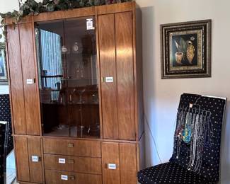Costume Jewelry, 1970's Milo Baughman Dining Chairs set of 8, Drexel China Cabinet