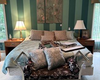  Pottery Barn Bird & Branch Triptych, Ethan Allen Metal Bench, Drexel Passage Nightstands, Glass Fish Figures, Stiffel Brass Table Lamps