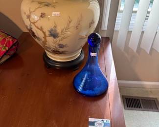 Hekman Single Drawer Nightstand, Opaque Floral Lamp, Blue Glass Decanter