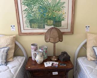 Bombe Style Nightstand, Faux Bamboo and Wicker Lamp