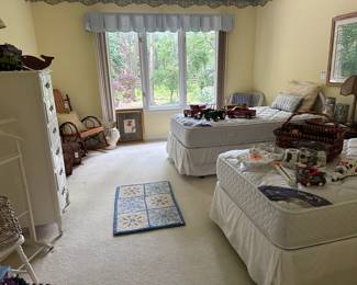 Amish Style Rocking Chair,  Floral Rug, Twin Mattress and Boxspring with Frame