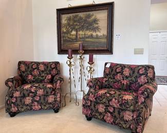 Floral Armchairs,  Gold Floor Candlesticks,  Landscape Framed Oil on Board
