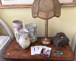 Bombe Style Nightstand, Faux Bamboo and Wicker Lamp, Jon Tury Michigan Vase