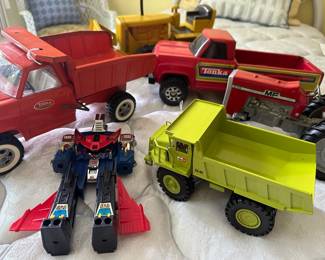 Tonka Orange Dump Truck, Tonka Red Pickup Truck, 1981 Takara Dia Attacker, Terex Dump Truck