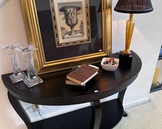 Crystal Candlesticks,Demilune Sofa Table, Amber Glass Lamp, Framed Art