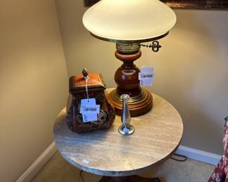 Toyo by Raymond Waites Lidded Jar, Milk Glass Shade Wood Base Lamp, Marble Pedestal Table