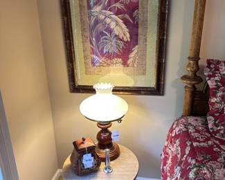 Toyo by Raymond Waites Lidded Jar, Milk Glass Shade Wood Base Lamp, Marble Pedestal Table, Framed Art