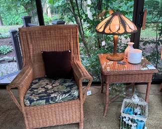 Wicker Arm Chair (B),   Vintage Slag Glass Lamp, Butterfly Decorative Bird Cage, Wicker Side Table