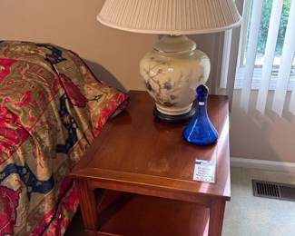 Hekman Single Drawer Nightstand, Opaque Floral Lamp, Blue Glass Decanter