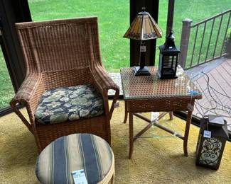 Bamboo Foot Rest, Wicker Arm Chair (A), Mini Tiffany Style Lamp, Flickering Light Lantern