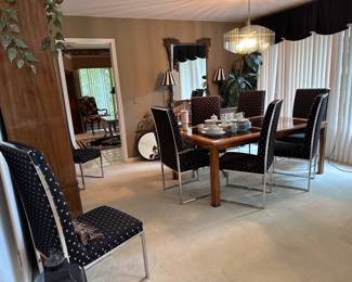 1970's Milo Baughman Dining Chairs set of 8, Drexel Dining Table and China Cabinet, Woritake Galaxy 77 Piece Set