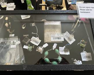 14K Diamond Tennis Bracelet (BL), Hammered Sterling Cigarette Case, Sterling Green Stone Ring, Sterling White Stone Ring, Sterling Coach Earrings, Frog Pin
