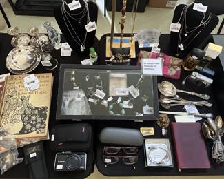 Sterling Diamond Necklace, 14K Red Stone Necklace (BL), 14K Coin Necklace (BL), 14K White Stone Necklace (BL), 14K Diamond Tennis Bracelet (BL), Hammered Sterling Cigarette Case, Sterling Green Stone Ring, Sterling White Stone Ring, Sterling Coach Earrings, Frog Pin, Sterling Spoons