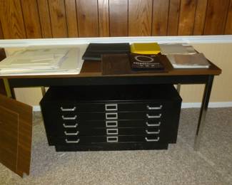 Mid century table, metal map cabinet