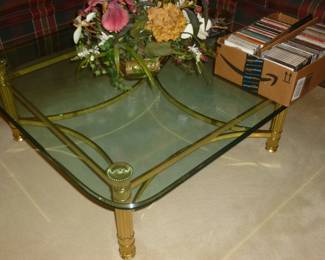 glass & brass coffee table, cds