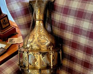 Circa 1920's Moorish brass and slag glass pendant lamp