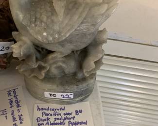 #91	Handcarved Paraffin Wax 8" Duck Sculpture on Alabaster Pedestal	 $22.00 
