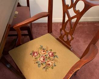 #6	Antique Double Pedestal Dining Table w/3 leaves, Pads, and 6 needlepoint 60-96x42x29	 $175.00 
