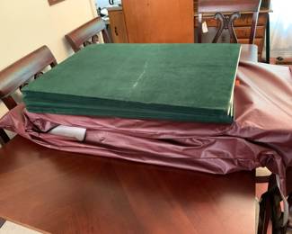 #5	Double Pedestal Dining Table w/8 Chairs & 2 leaves 64-100x4-x30H w/3 Table Pads	 $275.00 
