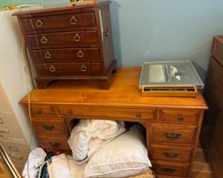 Wooden Desk with a small four drawer chest. Possibly a jewelry chest