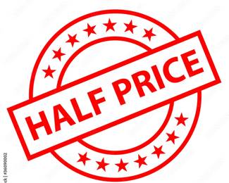 Most things are half price, today only! Some red ticket exceptions will apply (items that are reduced but not to half). Please, no calls! Come see us!