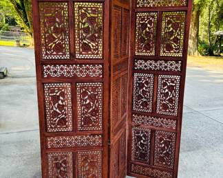 Three panel carved teak screen...