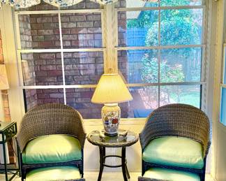 PVC outdoor wicker chair with slide out ottoman and glass top table seating group