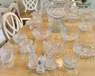 American Fostoria punch bowl, rare orange bitters decanter set, cloverleaf tray condiment set, plates, service pieces and stemware