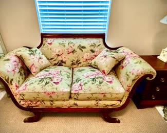 Rare size antique custom upholstered Duncan Phyfe style loveseat