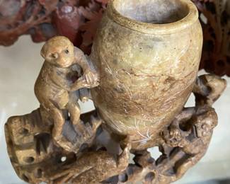Oriental Carved Soapstone Monkey Themed Vase