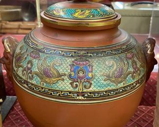Ornate Covered Jar with Figural Handles