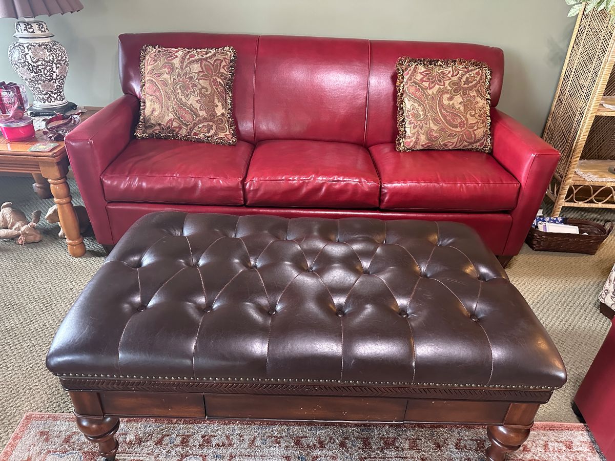 Red Leather Sofa, Over-Sized Leather & Wood Tufted Ottoman