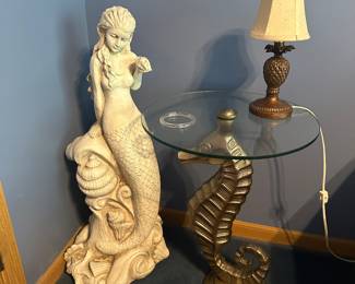 Seahorse Accent Table, Ceramic Mermaid Sculpture 