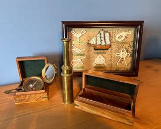 Stanley London Brass Compass w/ Box, Spyglass Nautical Telescope w/ Box, Nautical Shadowbox Wall Hanging